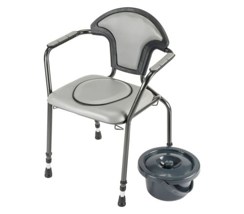 Herdegen toiletstoel in hoogte verstelbaar grijs - voorzijde met de emmer er naast op de grond