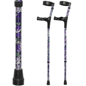 Multimotion elleboogkrukken met print - Bloemen paars (set krukken met daarnaast een afbeelding ingezoomd op de print)