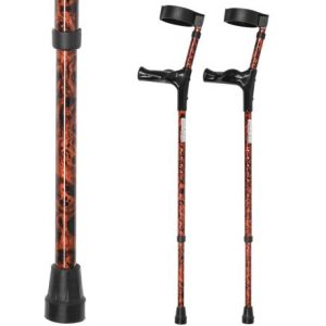 Multimotion elleboogkrukken met print - Bruin walnoot (set krukken met daarnaast een afbeelding ingezoomd op de print)