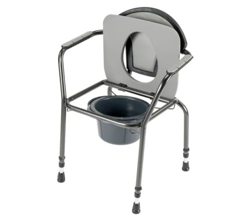 Herdegen toiletstoel in hoogte verstelbaar grijs - voorzijde met het zitgedeelte omhoog geklapt zodat je de emmer kan optillen