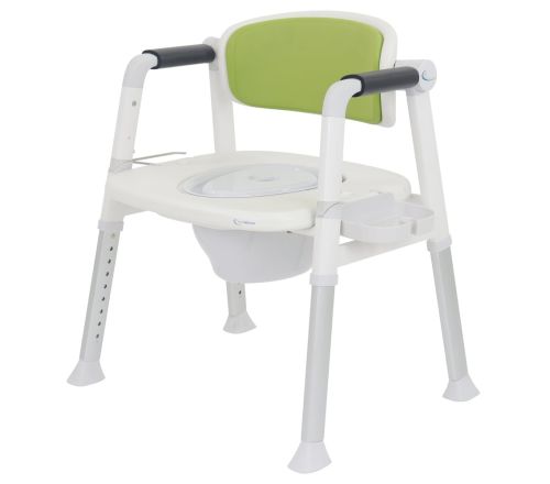 MultiMotion Commode Douche-/Toiletstoel Groen - voorzijde schuin zonder groene zitplaat die normaal de emmer bedekt