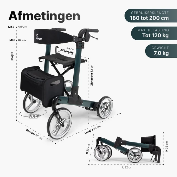 Parvum Rollator Luxo (Large / Petrolgroen) - Afbeelding 2